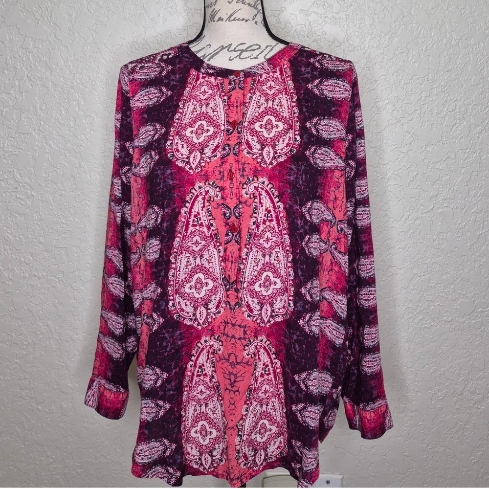 Lucky Brand Womens Pink Purple Paisley Print Henley Long Sleeve Blouse Size M